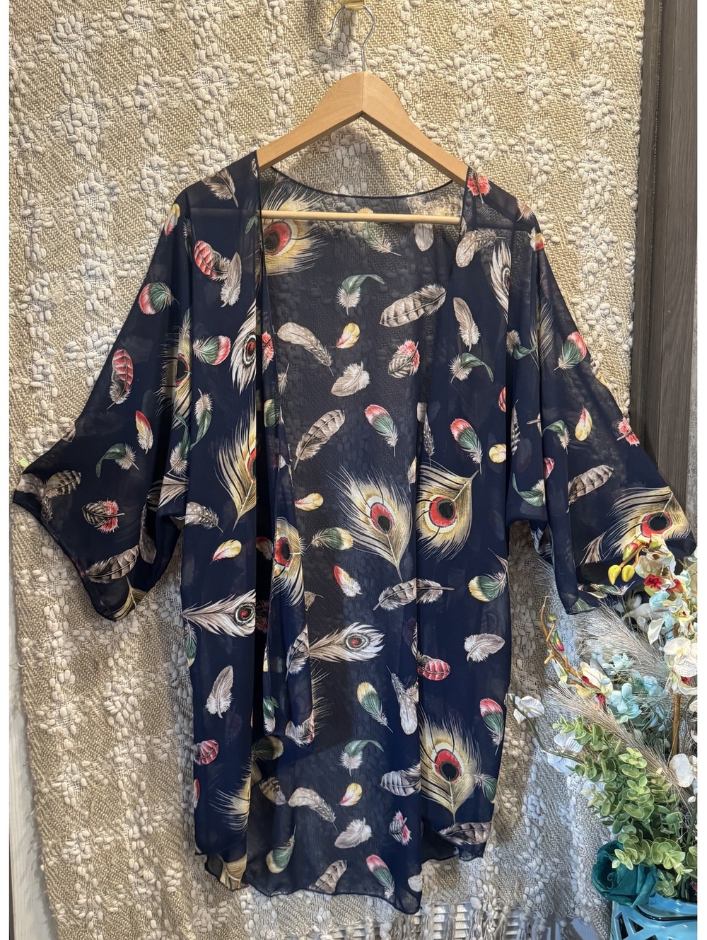 Women's Open-Front Short-Sleeve Fashion Kimono, Feather Print, Size Small